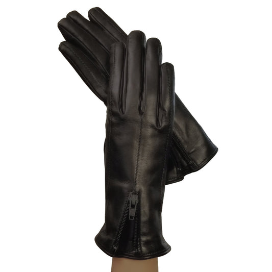 Women's Zippered Cashmere-lined Italian Leather Gloves- Black
