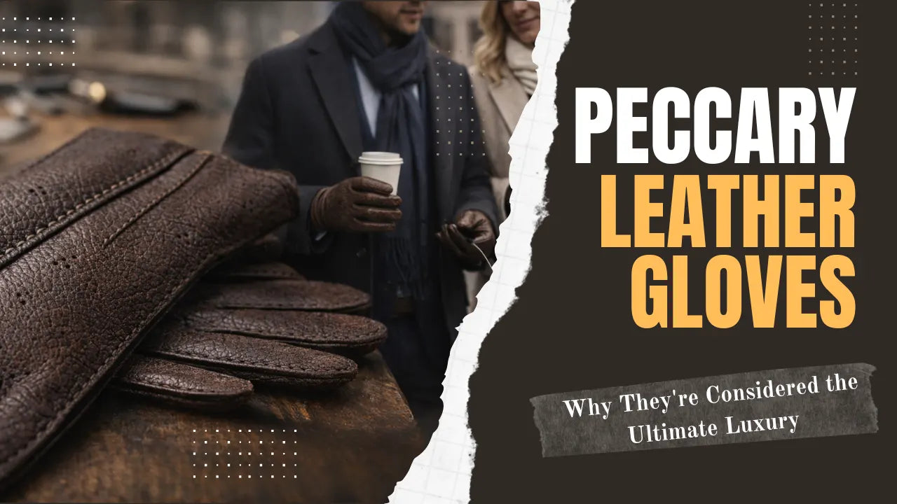 Peccary leather gloves featured in a luxury guide image, showing textured brown gloves alongside a stylish couple holding coffee, with text highlighting why peccary leather is considered the ultimate luxury.
