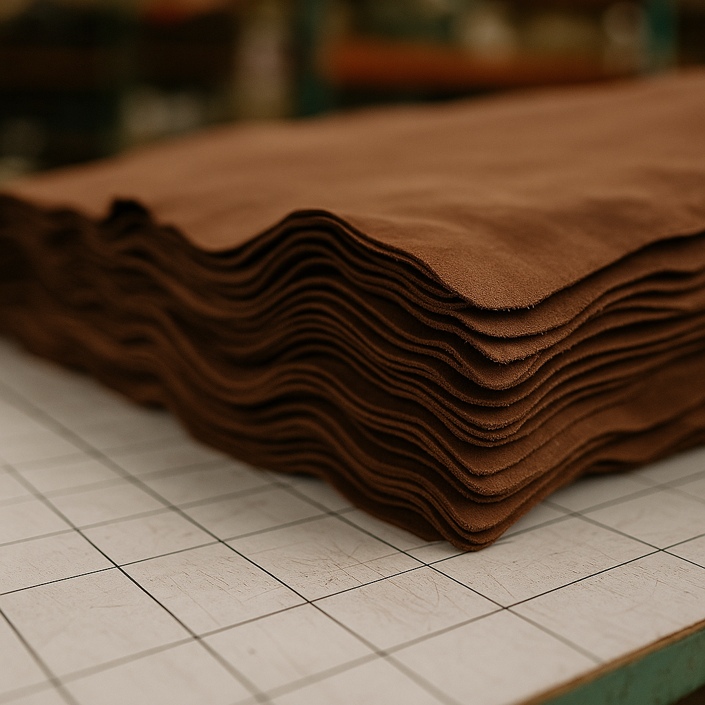 Stacked brown kidskin leather hides on a cutting table in an Italian glove workshop