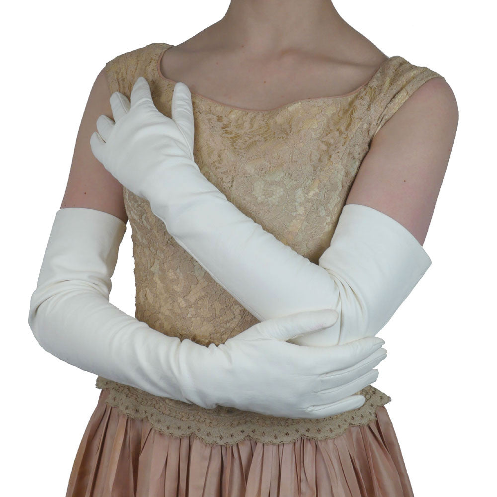 Long White Italian Leather Gloves Lined in Silk, 16 button length - Solo Classe - 1