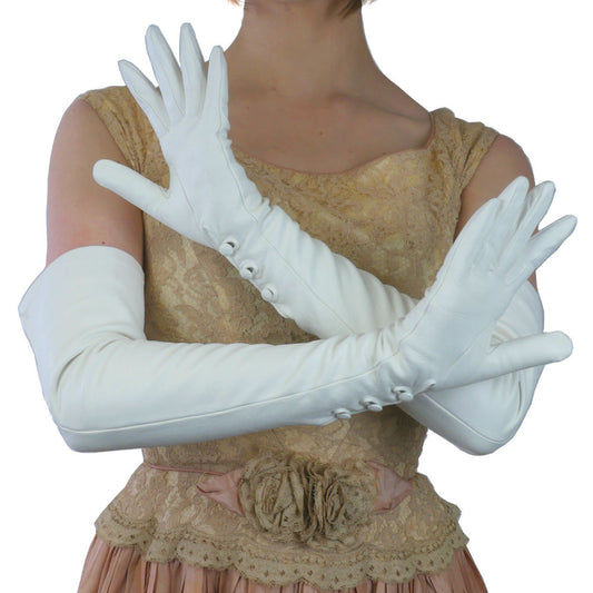 White Leather Gloves with 3 Buttons at the wrist, lined in silk for Formal, Bridal