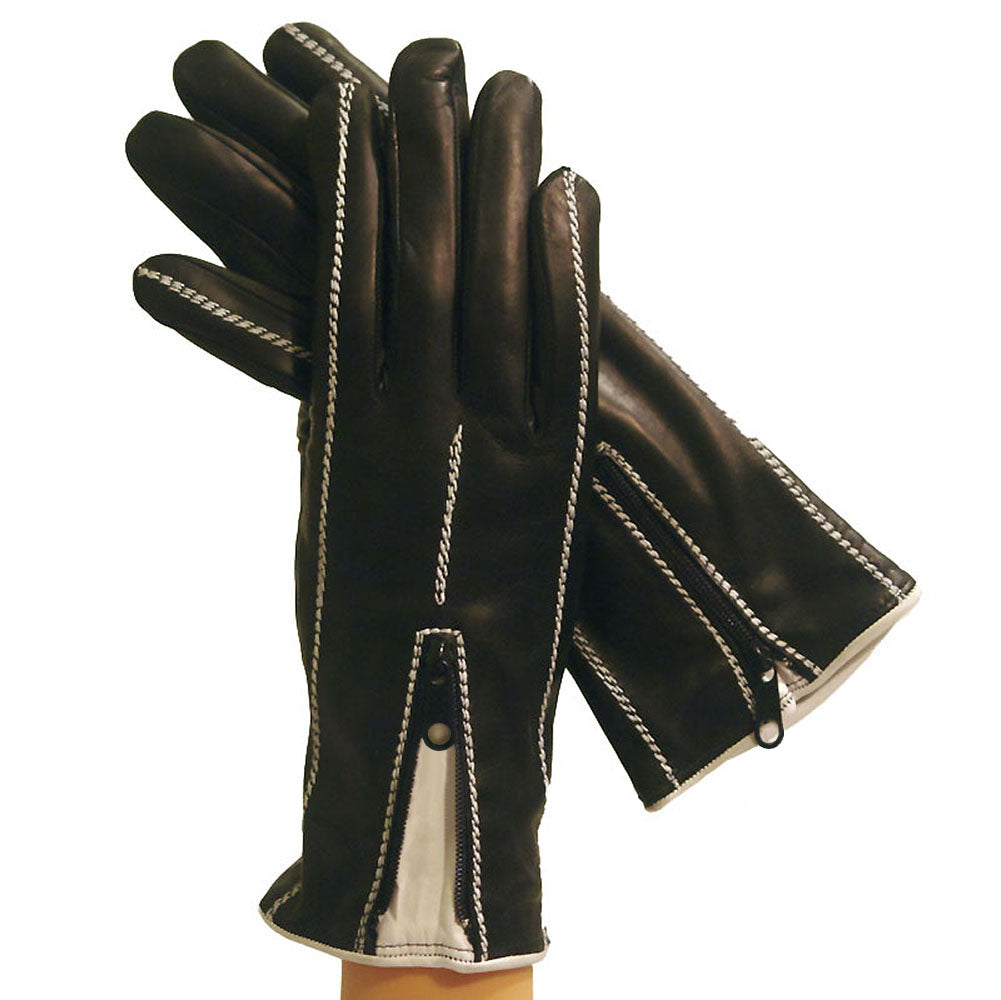 Women's Cashmere-lined Italian Leather Gloves- Black w/ white stitching, zippered