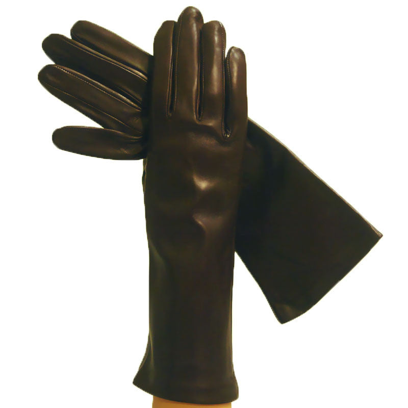 Womens Dark Brown 4-bt. Imported Italian Silk-lined Leather Gloves - Solo Classe

