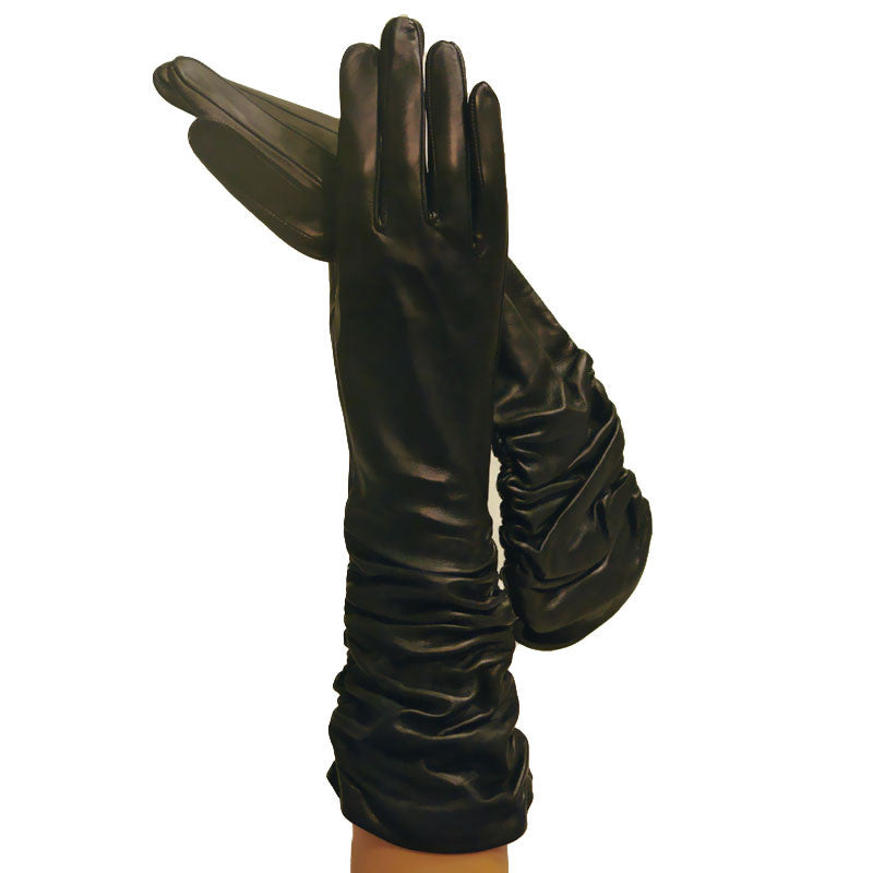Gathered Long Italian-made Leather Gloves, Black, Silk-lined, 6-bt - Solo Classe
