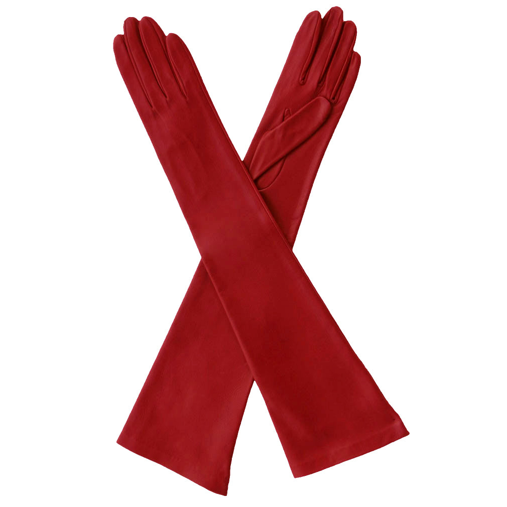 Garnet Elbow Length Leather Gloves. Italian Made Silk Lined, 12-button