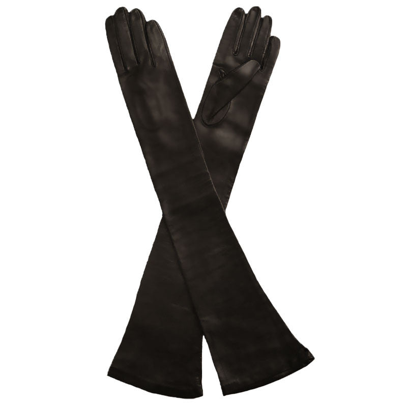 Long Black Leather Gloves Opera Length Silk Lined, 16 button - Solo Classe

