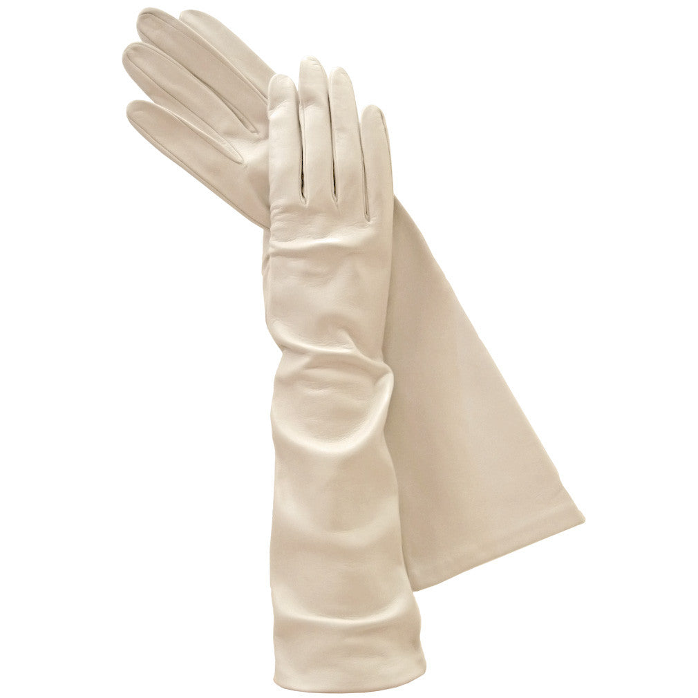 Long Beige Italian Leather Gloves, Elegant, Exotic Silk-lined 8-button - Solo Classe
