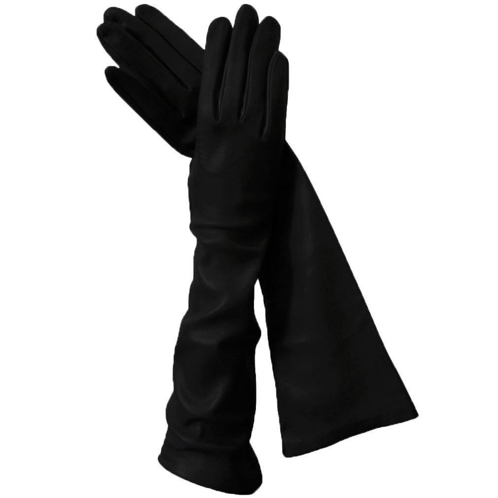 Long Black Italian Leather Gloves, Silk-lined 8-button - Solo Classe
