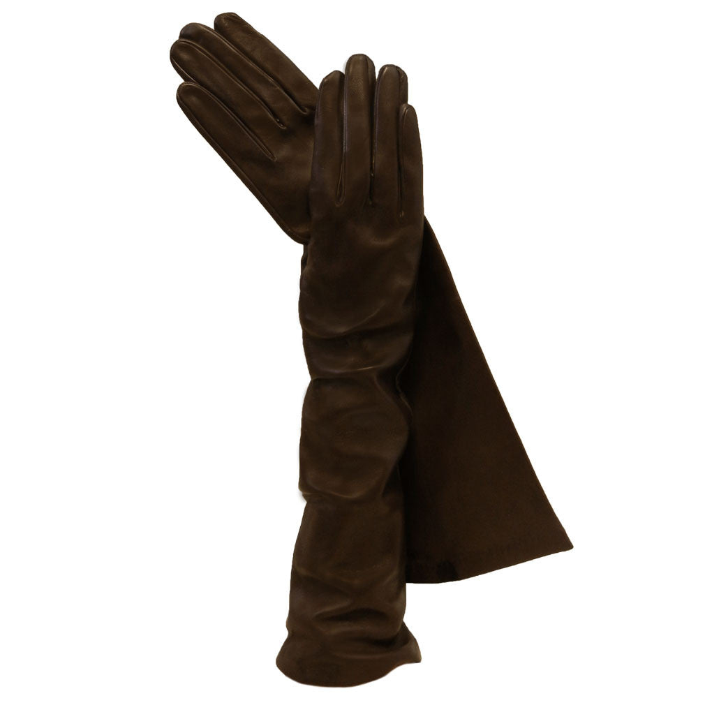 Dark Brown Long Italian Leather Gloves. Elegant Silk-lined 8-button - Solo Classe
