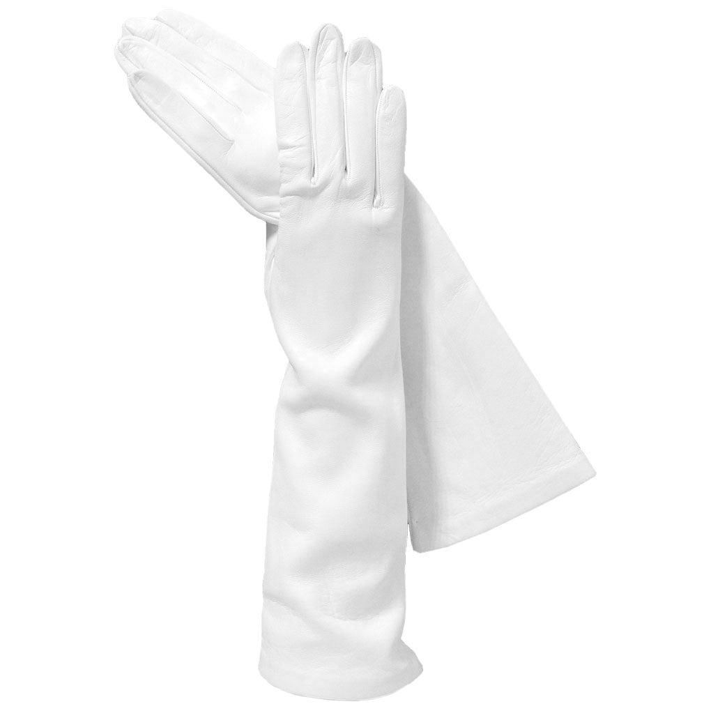 White Italian Leather Gloves, Long, Elegant, Silk-lined 8-button
