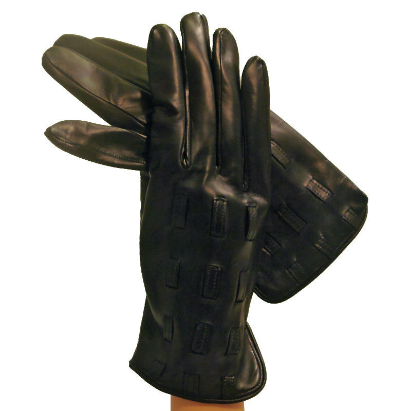 Black Men's Leather Gloves With Leather Inserts, Cashmere Lining - Solo Classe
