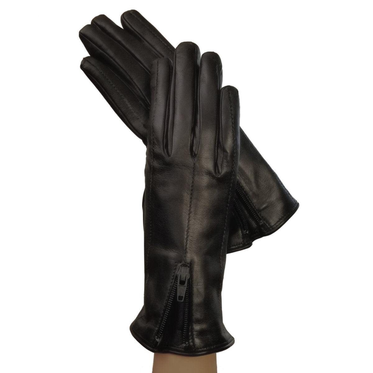 Women's Zippered Cashmere-lined Italian Leather Gloves- Black