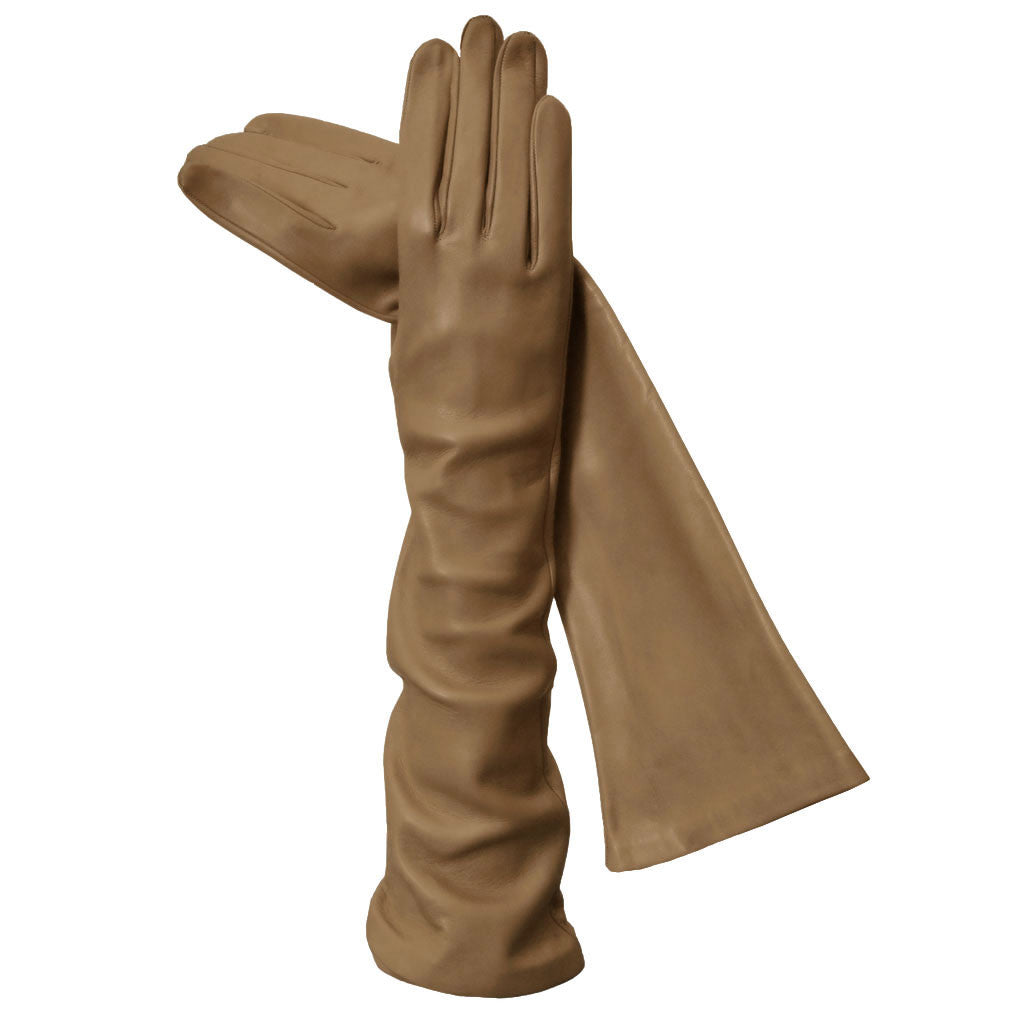 Long Camel Exotic Silk-lined Luxurious 8-button Italian Leather Gloves - Solo Classe